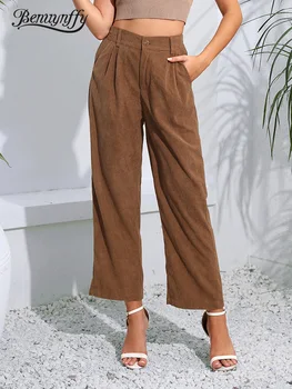 Benuynffy נשים מכנסיים סתיו חורף אופנה קוריאנית מוצק מכנסי קורדרוי עבור נשים וינטאג ' עם קו מותן גבוה ישר מכנסיים ארוכים